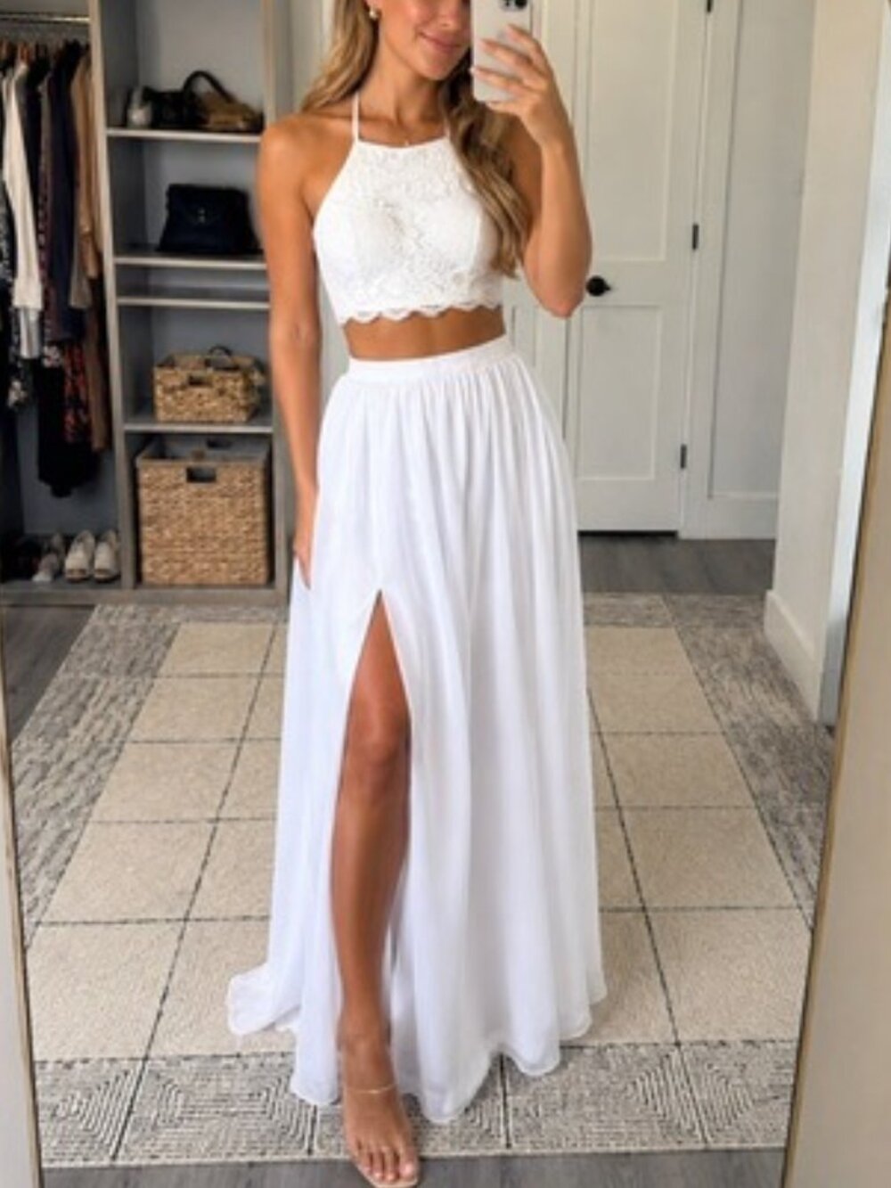 Azazie White 2 Piece Chiffon Maxi Skirt and Lace Bralletee Size 6 - Picture 1 of 14